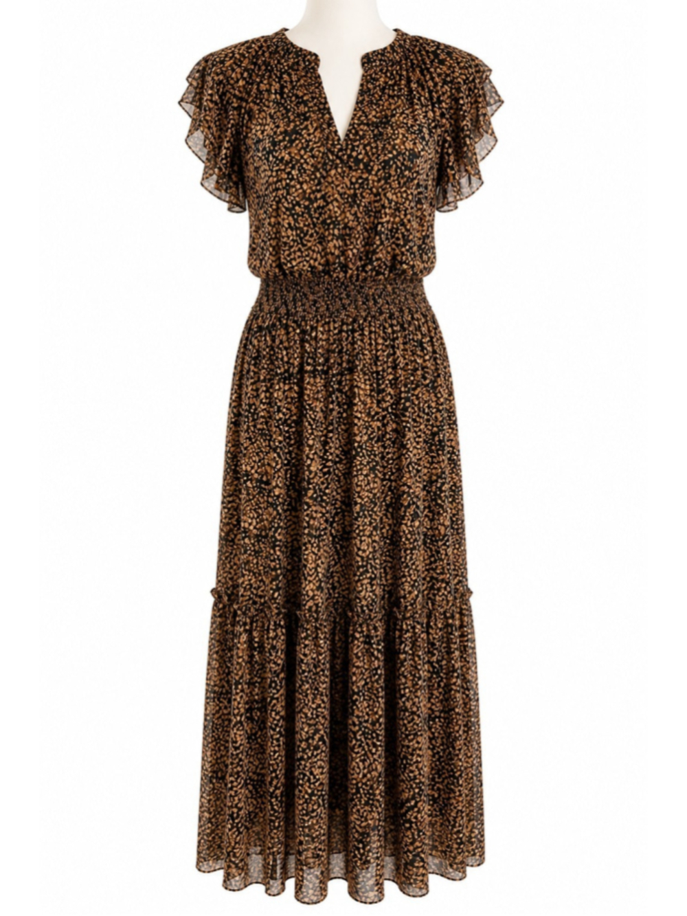 Roan + Ryan Emberly Maxi Dress Sz L Animal Print Smocked Waist Flutter Sleeve